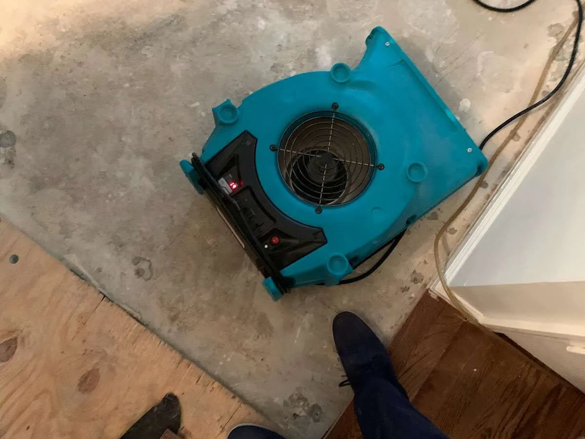 Air mover drying subfloor during Commercial Water Damage Restoration in Dunbar